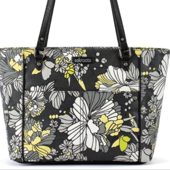 Sakroots Gray Yellow Flower Blossom Metro Tote Travel Bag Vacay Butterfly Charm - Picture 2 of 9